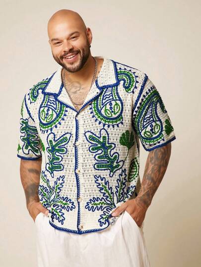 EASEVO Plus Size Men's Casual Knit Short Sleeve Crochet Cardigan, Fall, Winter