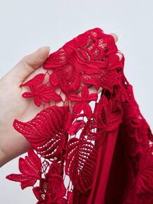 Maija Áo thun nữ tay ngắn cổ tròn màu trơn phối ren, thích hợp cho kỳ nghỉ, công sở, thường ngày và đi làm, thanh lịch và thời trang, đồng phục giáo viên nữ, áo đi chơi Giáng sinh. - Đỏ - Xem 8