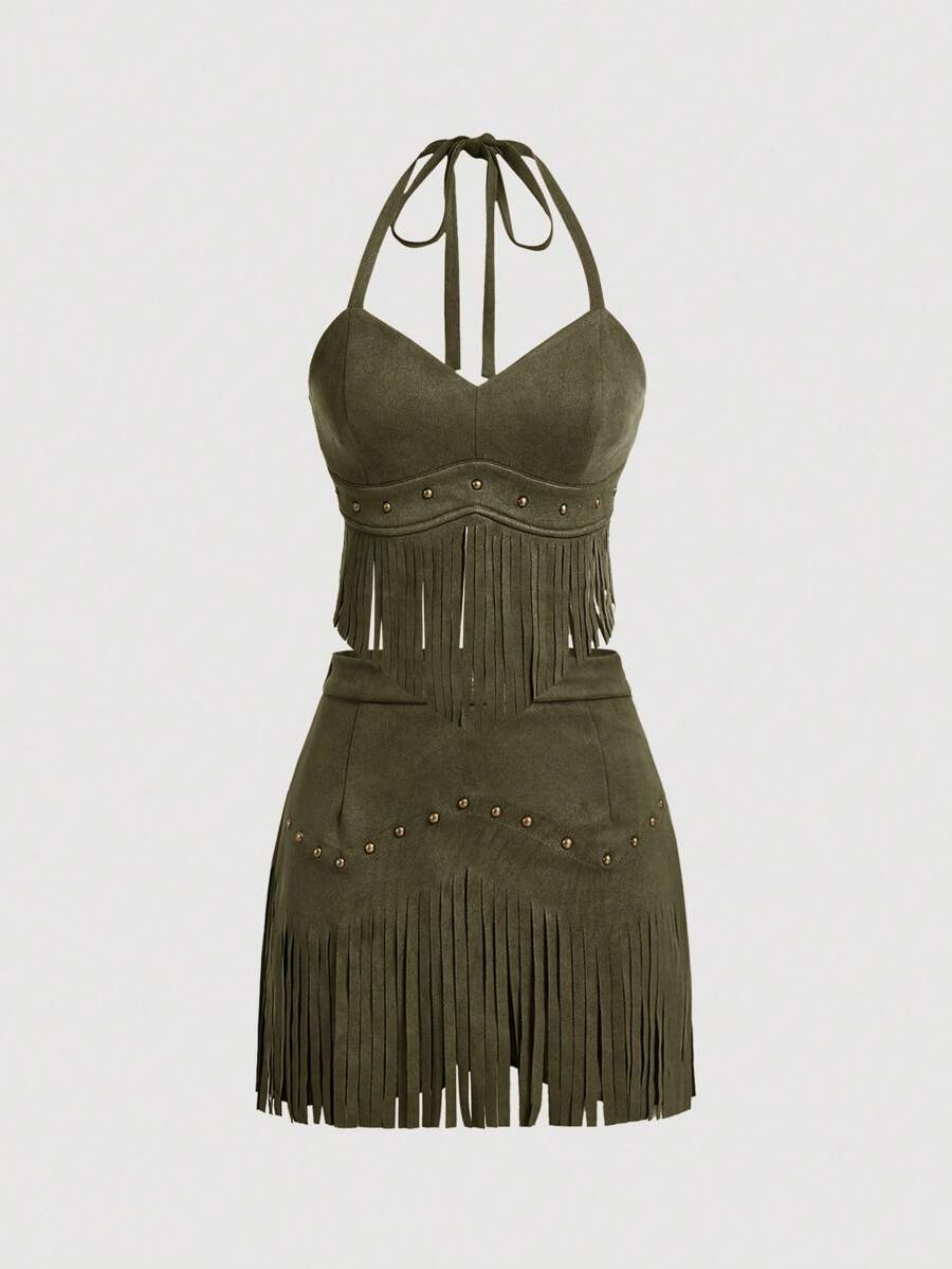 SHEIN MOD 大码女式复古嬉皮铆钉流苏绿色麂皮 A 字裙、纳什维尔服装、海盗裙、复古绿色麂皮流苏无袖上衣、音乐节套装、西部女装 - 軍綠色 - 查看 1