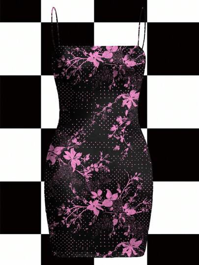 Y2Kool Warp Atelie Women's Floral Polka Dot Print Bodycon Fashion Strap Mini Dress