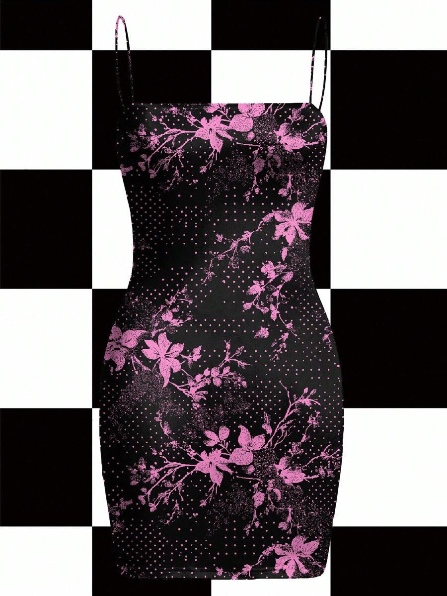 Warp Atelie 女式花卉波尔卡圆点印花修身时尚吊带迷你连衣裙 Y2K 2000 年代返校季