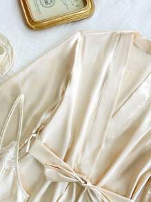 SilkySpell 4pcs Set: Embroidery Lace V-Neck Faux Silk Camisole Nightgown + Camisole Top + Shorts + Bathrobe Silk Pajama Set Women Satin Sleepwear Set Silk Sleepwear Women Silk Robe Set Lace Trim Satin Pajama Set, Fall Clothes