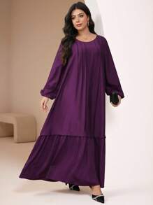 Veilorie Plus Size Women Elegant Everyday Embroidered Solid Color Lantern Sleeve Ruffle Hem Dress,Modest - Purple - View 3