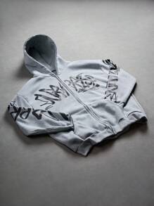 Manfinity Streetrush Sudadera con capucha de doble capa de moda callejera para hombres jóvenes, sudadera con estampado gráfico oversize