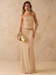 SHEIN BAE Bộ 2 món Áo Bandeau nhún bèo màu hồng trơn & Chân váy dài voan nhún cạp thấp, Trang phục đi biển, Đầm hở lưng phong cách Boho mùa hè, Trang phục hòa nhạc cho nữ, Váy phù dâu cưới - Màu Khaki - Xem 3