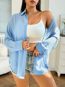 SHEIN EZwear 大码女式休闲透视宽松长袖开襟衬衫，适合夏季、秋季、上学、约会、下午茶、海滩、夏威夷、日常穿着 - 淺藍色 - 查看 3