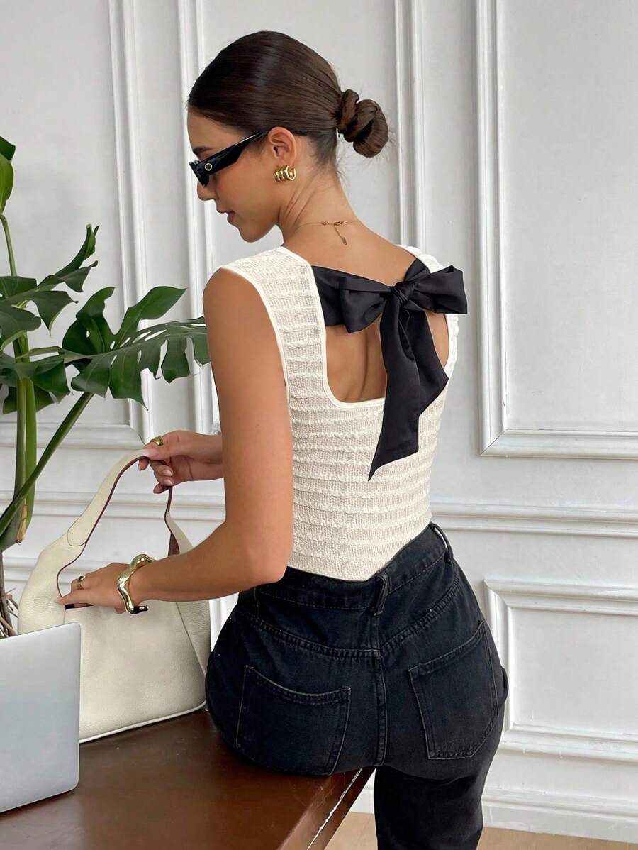 Serisse 女士休闲纹理露背系带蝴蝶结修身时尚背心，适合日常通勤。秋冬新品，适合日常穿着和返校季，秋季可爱上衣，外出上衣，复古风，商务休闲，四季皆宜，夏季返校季上衣 - 杏色 - 查看 1