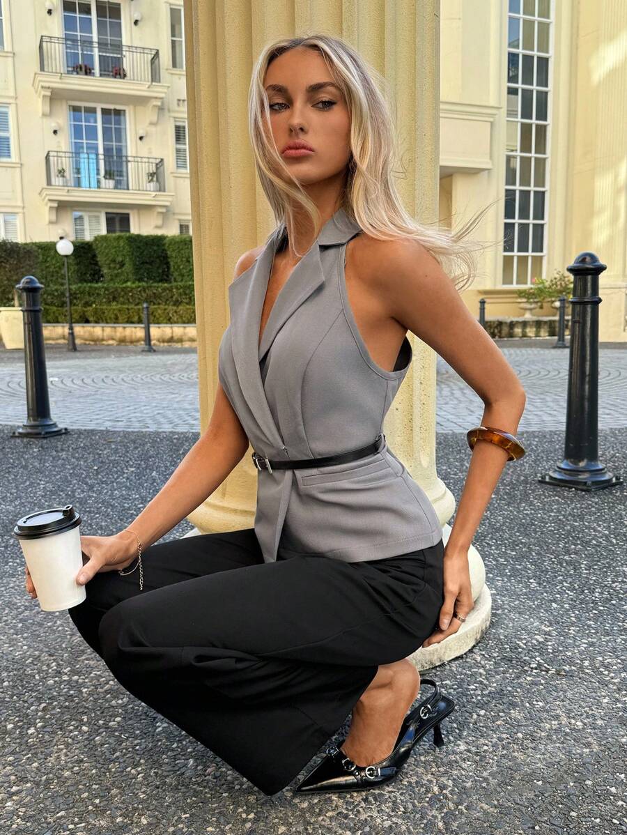 Siren Gaze 纯色时尚 V 领精致双领设计无袖西装外套（配腰带）、女士办公室夹克、女教师、返校、教师衬衫、秋季女装、女士机场装、商务休闲女装、女士西装外套 - 灰色 - 查看 1