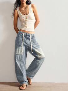 Bohemela 波西米亚乡村度假风格宽松拼接女式牛仔裤，秋冬 - 藍色 - 查看 6