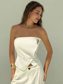 Aloruh Top bandeau con decoración de metal de moda para mujer, para verano, vacaciones en la playa, estilo bohemio tropical, para uso casual y de oficina - Blanco - Ver 4