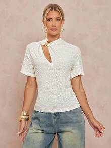 Lumalex All White Party Outfit Women Fall Modest Old Money Coquette Glitter Holiday Party Outfit Rave Festival Outing  Swim Vacation Bohemian BOHO Sea Beach Hot Outdoor Richly Layered Wedding Season Banquet Coming Of Age Ceremony Beach Seaside High Collar Metal Decor Textured Fabric Tight Fit Long Sleeve Women Top