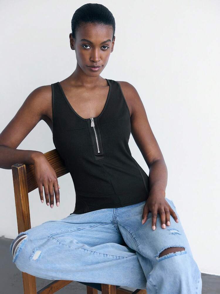 SHEIN Maija Top sin mangas negro de estilo minimalista urbano de verano con cremallera de metal para mujer, cómodo y versátil