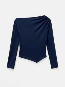 Maija Blusa azul claro con cuello asimétrico y fruncido, diseño de moda urbana casual y versátil, suave y cómoda, bajo asimétrico suelto, mangas largas con hombros caídos, atuendo de mujer casual de primavera temprana para conciertos, vacaciones y modesto
