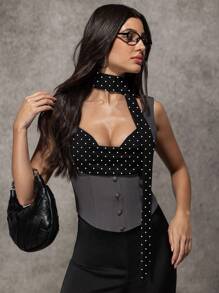 Avenya Áo Bustier Style có họa tiết chấm bi ngẫu nhiên - Màu xám đen - Xem 3