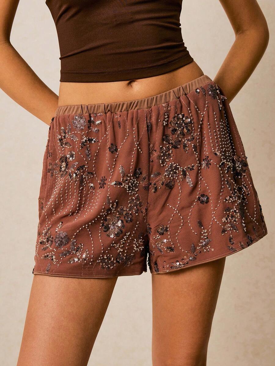 Poéselle 女式花卉亮片松紧腰时尚短裤 - 棕色 - 查看 1