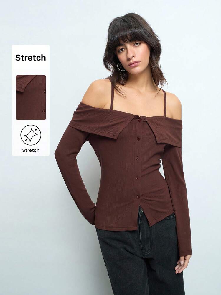 SHEIN Maija Women's Brown Off Shoulder Adjustable Strap Collar Button Front Fitted Long Sleeve Casual Elegant Versatile T-Shirt Top, Early Spring Festival
