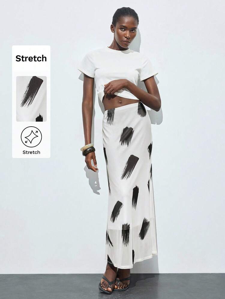 SHEIN Maija Gonna elegante estiva da donna, in bianco con stampa nera, vita elastica, orlo spacco, stile minimalista, adatta per l'ufficio