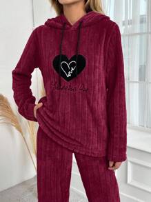 EURMUSE Women's Autumn/Winter Warm Heart & Letter Embroidered Drawstring Hoodie Sleepwear Top - Burgundy - View 6