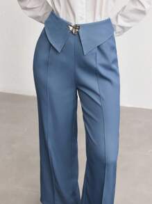 Modelyn Fashionable New Elegant Commuting Metal Buckle Waist Design Women Pants Fall Cloth For Women - Dusty Blue - View 1