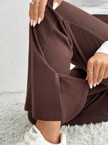 SHEIN Ropa de otoño, ropa de otoño, ropa de maternidad de otoño Pantalones de maternidad casuales de unicolor con cintura alta ajustable y bajo con abertura, pantalones de maternidad versátiles, pantalones de embarazo, pantalones de maternidad acampanados, leggings de maternidad, pantalones de maternidad marrones
