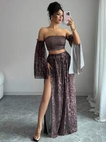 Rafferiza 2件套女士优雅露肩豹纹网眼上衣和裤子套装