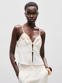 Lumivelle Women's Apricot Spaghetti Strap Bralette Cami Top Featuring An Alluring Knot Front And Elegant Embroidered Details. This Regular Length, Top Is Ideal For Stylish Party Wear. Clothes For University - Apricot - View 6