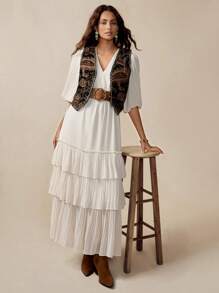 Florisole 女士优雅 V 领复古灯笼袖收腰分层 A 字长裙，白色，波西米亚风格，适合春秋派对