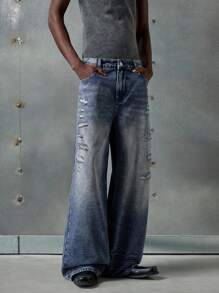 NEON BLANC Men's Streetwear Loose Wide Leg Woven Denim Jeans - Blue - View 2