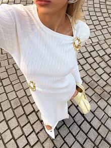 Siren Gaze White Autumn Elegant Tea Party Fashionable Commuter Sweater Dress,Metal Button Long Sleeve Ribbed Knit Maxi Dress,Round Neck Autumn/Winter Dresses - Apricot - View 3