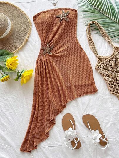 Soleia 大码女式棕色纹理不对称下摆海星装饰度假连衣裙