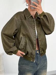 SHEIN EZwear 复古做旧军绿色PU皮夹克，秋季新品 - 軍綠色 - 查看 6