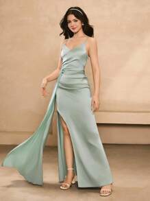 青少年女孩缎面飘逸长裙，侧开衩，适合婚礼季、舞会、万圣节、生日派对、毕业典礼