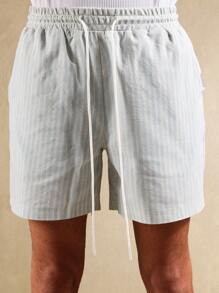SUMWON Summer Resort Co-Ord Set Striped Button Down Shirt Drawstring Shorts Beach Vacation Holiday Festival Weekend Casual Outfit Plain - Blue and White - View 6