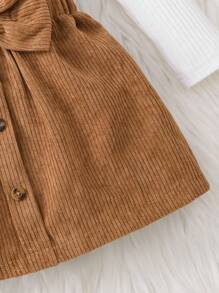 SHEIN Elladie kids 女童两件套 - 纯色长袖T恤和裙子，女童秋季服装，秋季连衣裙，灯芯绒裙子，女童荷叶边袖上衣，女童冬季服装 - 棕色 - 查看 7