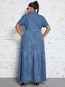 SHEIN SXY Plus Size Women Casual Denim Dress With Short Sleeve, Single-Breasted And Ruffle Hem - Medium Wash - View 2