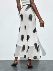 Maija Gonna elegante estiva da donna, in bianco con stampa nera, vita elastica, orlo spacco, stile minimalista, adatta per l'ufficio