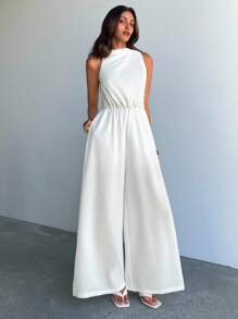 Aloruh Women's Pleated Sleeveless Wide Leg White Linen Jumpsuit - White - View 2