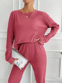 SHEIN Tall 2件組女款純色圓領長袖上衣與長褲休閒套裝，適合高個女性 - 粉色 - 查看 4