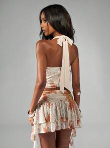 MISSGUIDED 手工制作的亮片迷你裙，分层褶边设计，节日派对俱乐部服装，晚装，高腰，闪耀节日，特殊场合，花卉图案 - 彩色 - 查看 2