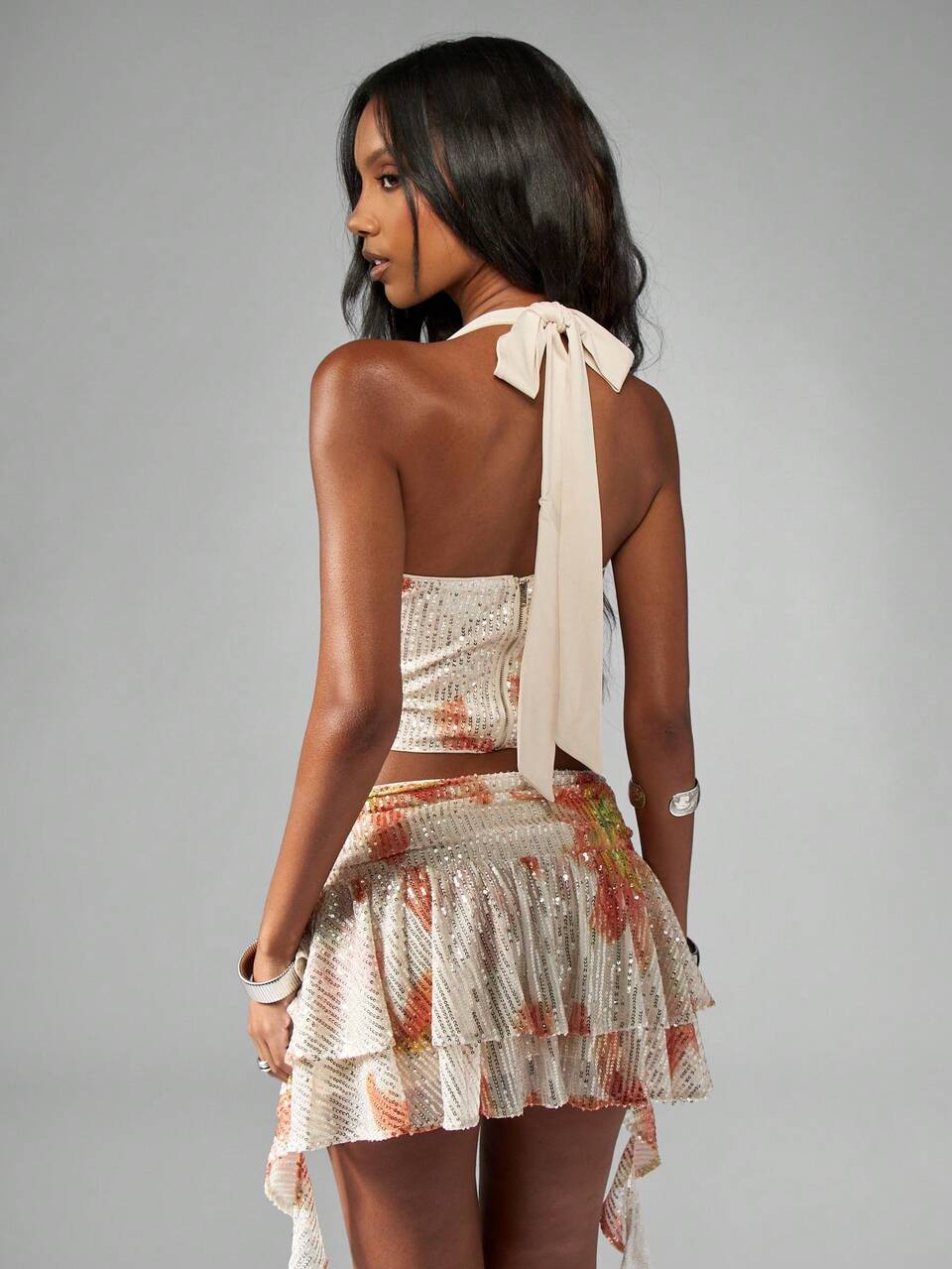 MISSGUIDED Handcrafted Sequin Mini Skirt Tiered Ruffle Design Festival Party Clubwear Evening High Waist Sparkle Holiday Special Occasion Floral Pattern