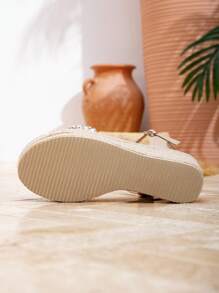 Styleloop Women's Woven Rope Platform Wedge Sandals, Vacation Style BOHO Chic Retro American Western Music Festival Party Outfit Valentine's Day - Apricot - View 11