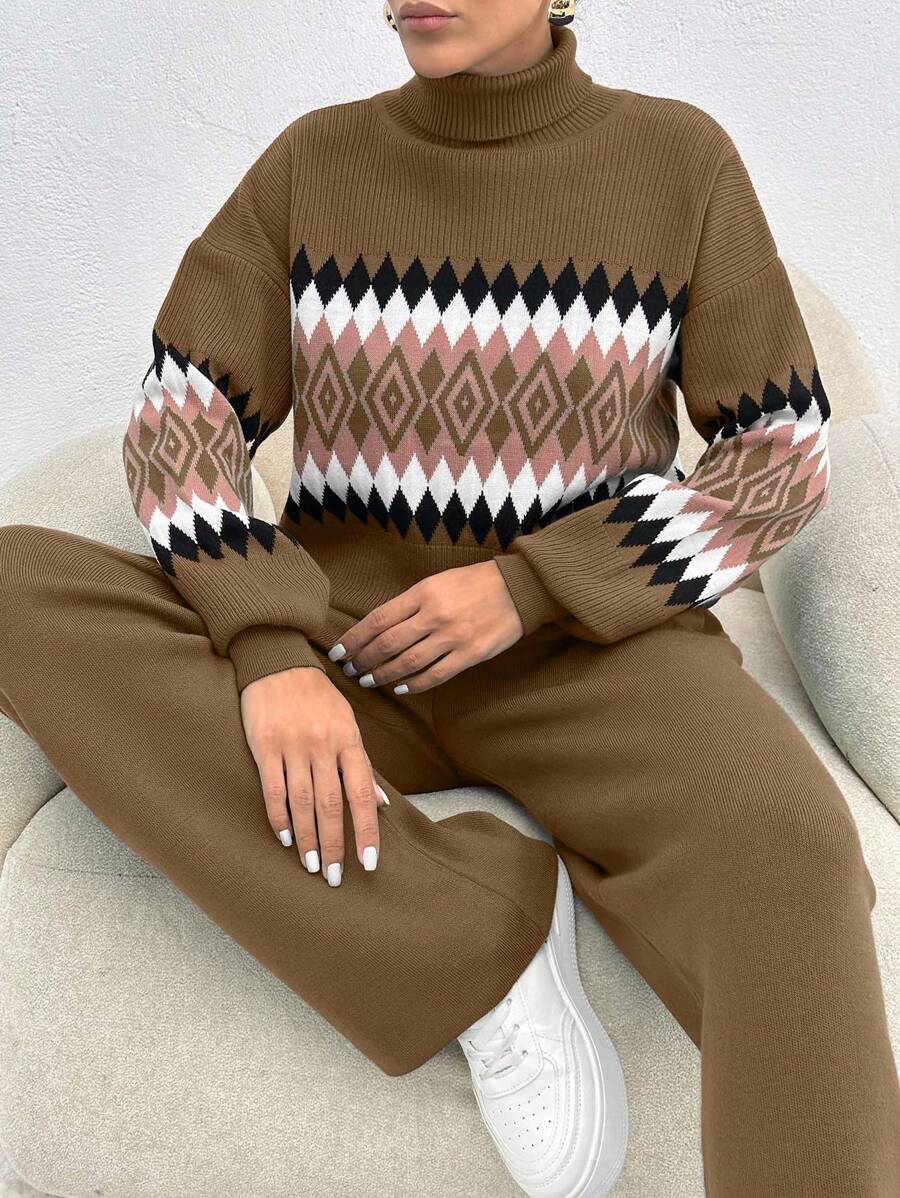 EURMUSE Women's Geometric Pattern High Neck Sweater 2pcs/Set,Petite Co Ord,Co Ord,Petite,Winter Clothes - Camel - View 1