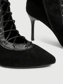 CUCCOO SZL 女士尖头细高跟黑色绒面革时尚靴子，适合派对和夜总会穿着，系带和侧拉链 - 黑色 - 查看 8