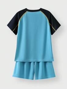 Back To School Outdoor Sports Short Sleeve & Shorts Set, Kids Colorblock Graphic Print Short Sleeve T-Shirt & Shorts Set - Blue - View 6