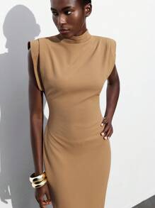 Maija Mocha Color Wide Shoulder Design Multifunctional Modern Urban Style Fashion Fitted Turtleneck Elegant Office Dress, Old Money Style, Office/Casual Wear, Summer - Khaki - View 5
