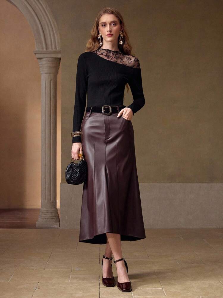 CONTRAST MESH PANEL KNITTED RIB T-SHIRT