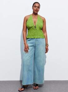 Maija Plus Size Women's Solid Color Front Tie Ruched Deep V Sexy Halter Top,Fall Autumn Back To School Homecoming Modest Vintage Women Old Money Teacher Romantic, Fashion, Versatile; Comfortable, Stylish, Elegant, Casual, Simple Daily Wear, Essential, Solid Color, Holiday Casual, Decent, Single Lady, Elegant Fashion Business Casual Woman Going Out Tops Graduation Teacher