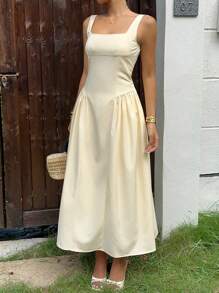 SHEIN EZwear 女式纯色方领褶饰休闲无袖连衣裙 - 黃色 - 查看 1