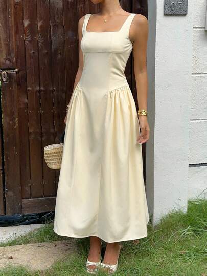 SHEIN EZwear 女式纯色方领褶饰休闲无袖连衣裙