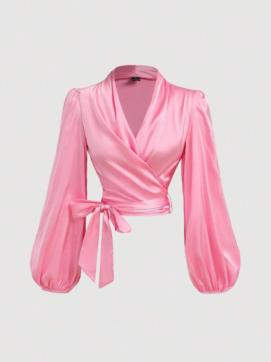 SHEIN MOD Women's Pink Wrap-Around Tie-Up Bow Batwing Sleeve Blouse,Women Shirts,Glittery Blouse,New Years Top
